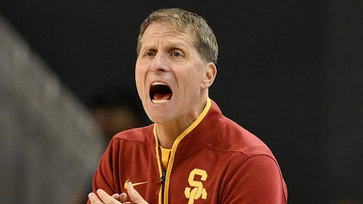Feb 24, 2026; Los Angeles, California, USA; Southern California head coach Eric Musselman  communicates during the first half against the UCLA Bruins at Pauley Pavilion presented by Wescom Financial. Mandatory Credit: Robert Hanashiro-Imagn Images