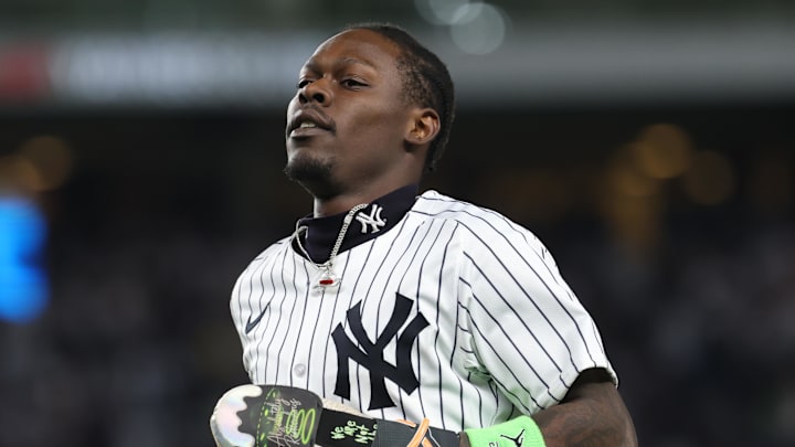 Oct 2, 2025; Bronx, New York, USA; New York Yankees second baseman Jazz Chisholm Jr. (13) runs of the field between innings during game three of the Wildcard round for the 2025 MLB playoffs against the Boston Red Sox at Yankee Stadium. Mandatory Credit: Vincent Carchietta-Imagn Images Oct 2, 2025; Bronx, New York, USA; New York Yankees second baseman Jazz Chisholm Jr. (13) runs of the field between innings during game three of the Wildcard round for the 2025 MLB playoffs against the Boston Red Sox at Yankee Stadium. Mandatory Credit: Vincent Carchietta-Imagn Images