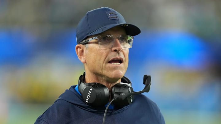 Dec 8, 2025; Inglewood, California, USA; Los Angeles Chargers head coach Jim Harbaugh reacts in the first half against the Philadelphia Eagles at SoFi Stadium. Mandatory Credit: Kirby Lee-Imagn Images Dec 8, 2025; Inglewood, California, USA; Los Angeles Chargers head coach Jim Harbaugh reacts in the first half against the Philadelphia Eagles at SoFi Stadium. Mandatory Credit: Kirby Lee-Imagn Images