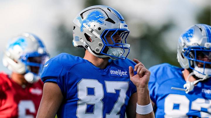 Detroit Lions tight end Sam Laporta (87) practices during training camp at teams Allen Park Performance Center. Detroit Lions tight end Sam Laporta (87) practices during training camp at teams Allen Park Performance Center.