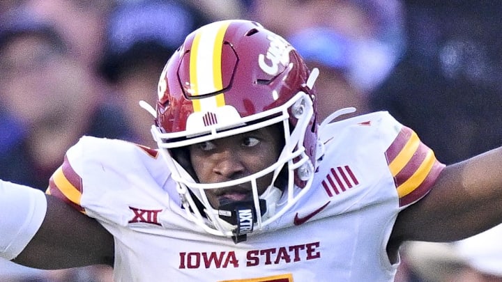 Nov 8, 2025; Fort Worth, Texas, USA; Iowa State Cyclones defensive back Tre Bell (7) celebrates a defensive stop against the TCU Horned Frogs during the first half at Amon G. Carter Stadium.