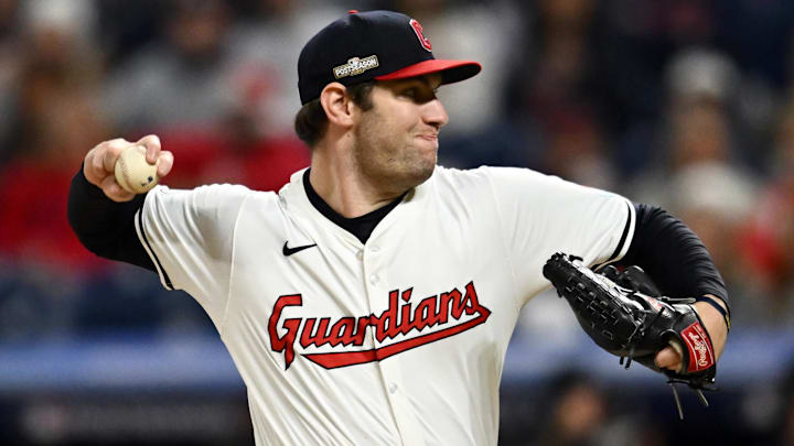 Oct 18, 2024; Cleveland, Ohio, USA; Cleveland Guardians pitcher Gavin Williams (32) pitches against the New York Yankees in the first inning during game four of the ALCS for the 2024 MLB playoffs at Progressive Field. Mandatory Credit: Ken Blaze-Imagn Images