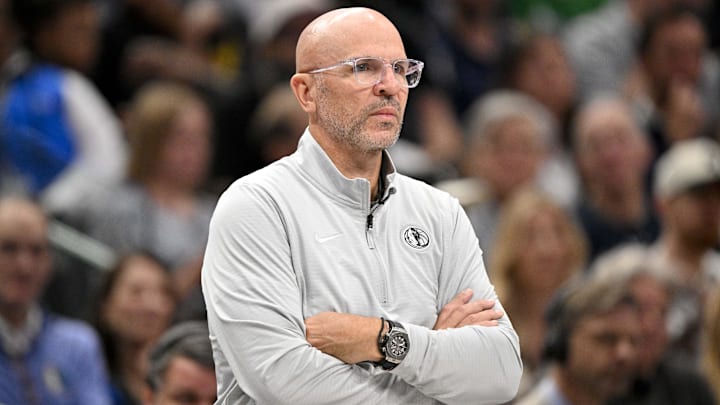 Apr 9, 2025; Dallas, Texas, USA; Dallas Mavericks head coach Jason Kidd during the game between the Dallas Mavericks and the Los Angeles Lakers at American Airlines Center. Mandatory Credit: Jerome Miron-Imagn Images