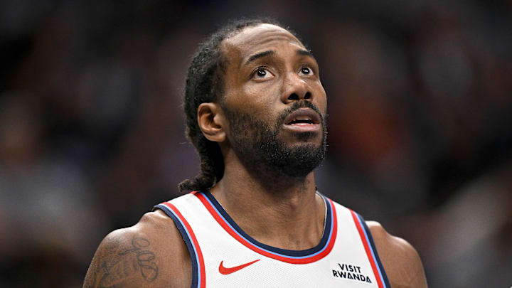 Mar 21, 2026; Dallas, Texas, USA; LA Clippers forward Kawhi Leonard (2) looks on during the game between the Mavericks and the Clippers at American Airlines Center. Mandatory Credit: Jerome Miron-Imagn Images