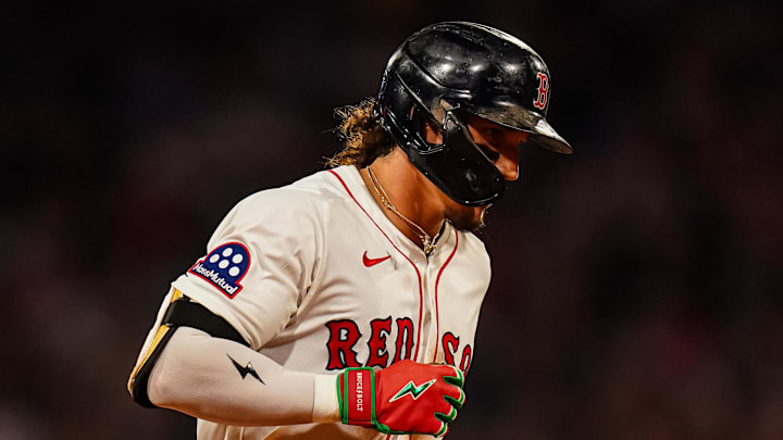 Boston Red Sox outfielder Jarren Duran (16) hits a home run against the Colorado Rockies in the seventh inning at Fenway Park on July 8. Boston Red Sox outfielder Jarren Duran (16) hits a home run against the Colorado Rockies in the seventh inning at Fenway Park on July 8.