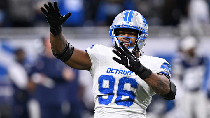Dec 4, 2025; Detroit, Michigan, USA; Detroit Lions linebacker Al-Quadin Muhammad (96) during the second half against the Dallas Cowboys at Ford Field.