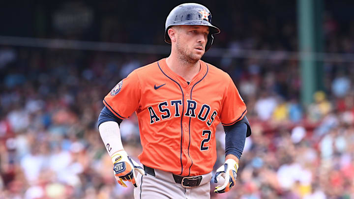 Aug 11, 2024; Boston, Massachusetts, USA; Houston Astros third baseman Alex Bregman (2) runs out the bases after hitting a three-run home run against the Boston Red Sox during the fifth inning at Fenway Park