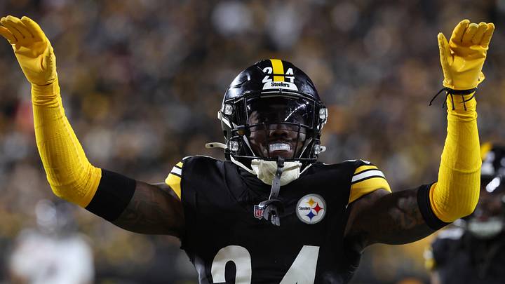 Pittsburgh Steelers cornerback Joey Porter Jr. (24) reacts after a play during second half of AFC Wild Card Round game Pittsburgh Steelers cornerback Joey Porter Jr. (24) reacts after a play during second half of AFC Wild Card Round game