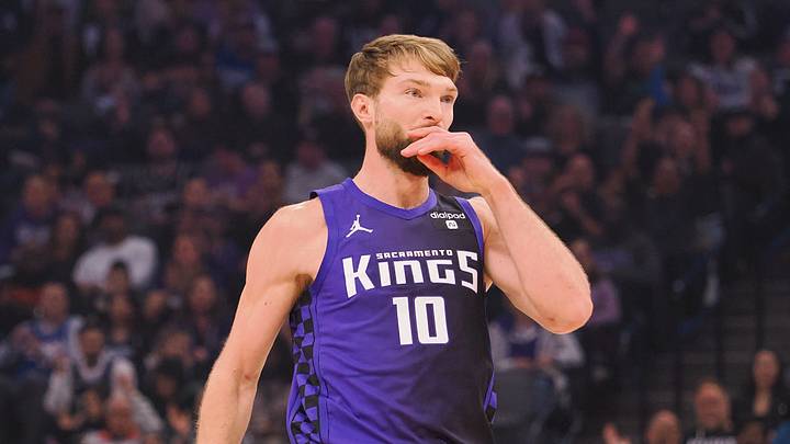 Jan 2, 2024; Sacramento, California, USA; Sacramento Kings center Domantas Sabonis (10) gestures after scoring a three point basket against the Charlotte Hornets during the first quarter at Golden 1 Center. Mandatory Credit: Kelley L Cox-USA TODAY Sports Jan 2, 2024; Sacramento, California, USA; Sacramento Kings center Domantas Sabonis (10) gestures after scoring a three point basket against the Charlotte Hornets during the first quarter at Golden 1 Center. Mandatory Credit: Kelley L Cox-USA TODAY Sports