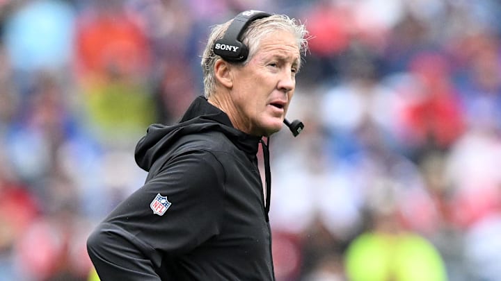 Sep 7, 2025; Foxborough, Massachusetts, USA; Las Vegas Raiders head coach Pete Carroll in the first half against the New England Patriots at Gillette Stadium. Mandatory Credit: Brian Fluharty-Imagn Images