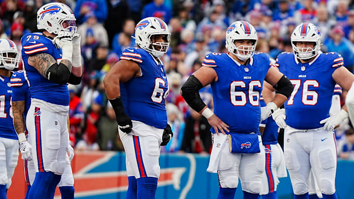 Buffalo Bills offensive linemen Spencer Brown, O'Cyrus Torrence, Connor McGovern, and David Edwards against the Jets.