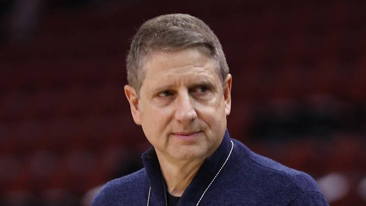 Dec 8, 2024; Chicago, Illinois, USA; Chicago Bulls President and Chief Executive Officer Michael Reinsdorf stands on the sidelines before a basketball game between the Chicago Bulls and Philadelphia 76ers at United Center. Mandatory Credit: Kamil Krzaczynski-Imagn Images