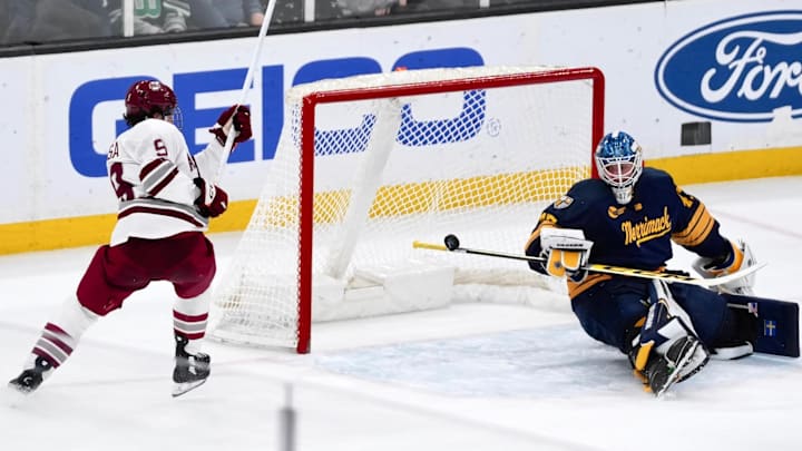Merrimack goaltender Max Lundgren makes a save with the end of his stick against Massachusetts in the 2026 Hockey East semifinals. Merrimack goaltender Max Lundgren makes a save with the end of his stick against Massachusetts in the 2026 Hockey East semifinals.