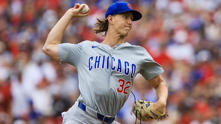 Jun 8, 2024; Cincinnati, Ohio, USA; Chicago Cubs starting pitcher Ben Brown (32) pitches against the Cincinnati Reds in the first inning at Great American Ball Park