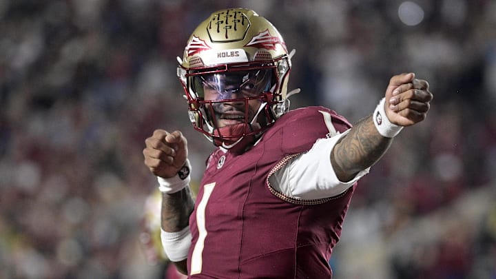 Nov 1, 2025; Tallahassee, Florida, USA; Florida State Seminoles quarterback Tommy Castellanos (1) celebrates a touchdown during the second half against the Wake Forest Demon Deacons at Doak S. Campbell Stadium. Mandatory Credit: Melina Myers-Imagn Images