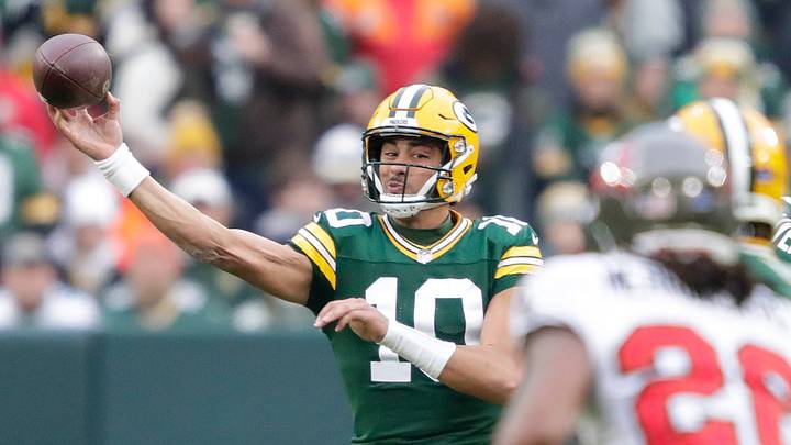 Green Bay Packers quarterback Jordan Love (10) passes the ball against the Buccaneers in 2023.