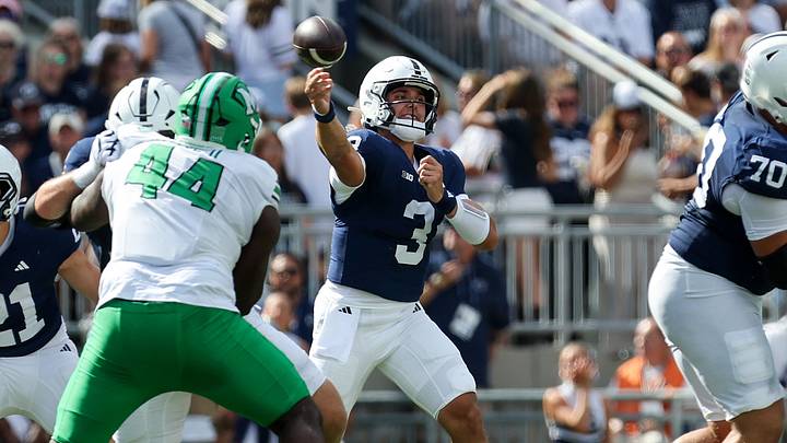 Sep 5, 2026; University Park, Pennsylvania, USA;  Penn State Nittany Lions quarterback Rocco Becht (3) throws a pass during the first quarter against the Marshall Thundering Herd at West Shore Home Field at Beaver Stadium.  Mandatory Credit: Matthew O'Haren-Imagn Images
