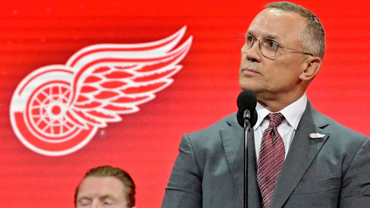Jul 7, 2022; Montreal, Quebec, CANADA; Detroit Red Wings general manager Steve Yzerman announces Marco Kasper (not pictured) as the number eight overall pick to the Detroit Red Wings in the first round of the 2022 NHL Draft at Bell Centre. Mandatory Credit: Eric Bolte-Imagn Images