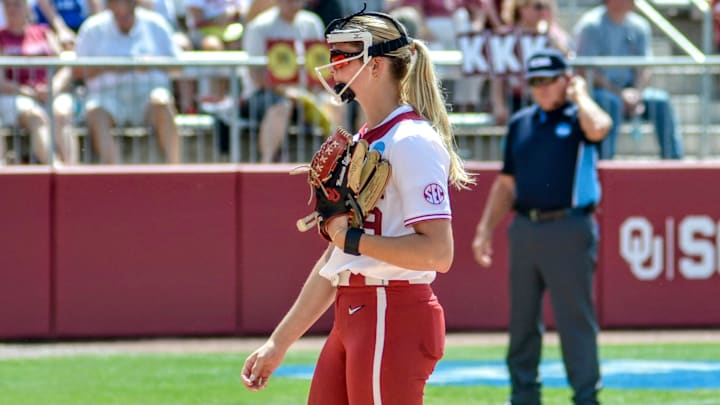 Oklahoma pitcher Berkley Zache stands in the circle against Binghamton in the Norman Regional.