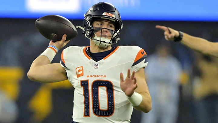 Dec 19, 2024; Inglewood, California, USA;  Denver Broncos quarterback Bo Nix (10) throws a pass in the first half against the Los Angeles Chargers at SoFi Stadium. 