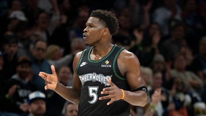 Mar 3, 2026; Minneapolis, Minnesota, USA; Minnesota Timberwolves guard Anthony Edwards (5) celebrates after a three point basket against the Memphis Grizzlies in the second half at Target Center. Mandatory Credit: Jesse Johnson-Imagn Images