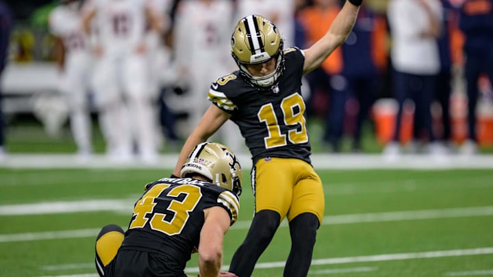 Oct 17, 2024; New Orleans, Louisiana, USA;  New Orleans Saints place kicker Blake Grupe (19) makes a field goal against the Denver Broncos during the second quarter at Caesars Superdome. Mandatory Credit: Matthew Hinton-Imagn Images