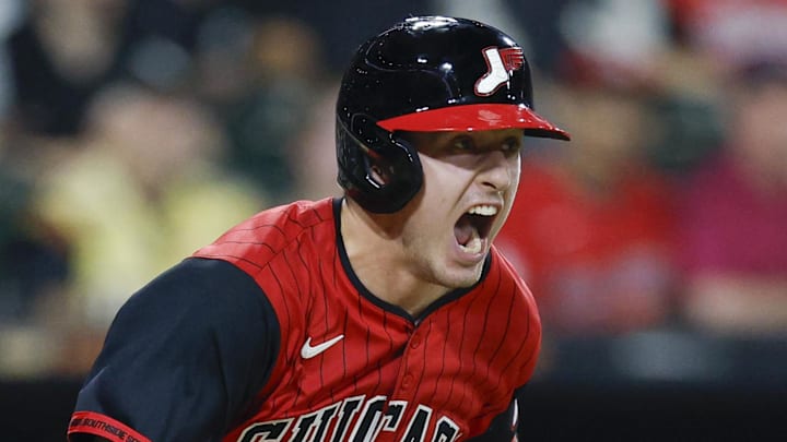 Chicago White Sox catcher Kyle Teel (8) celebrates an RBI-single against the Cleveland Guardians at Rate Field. 