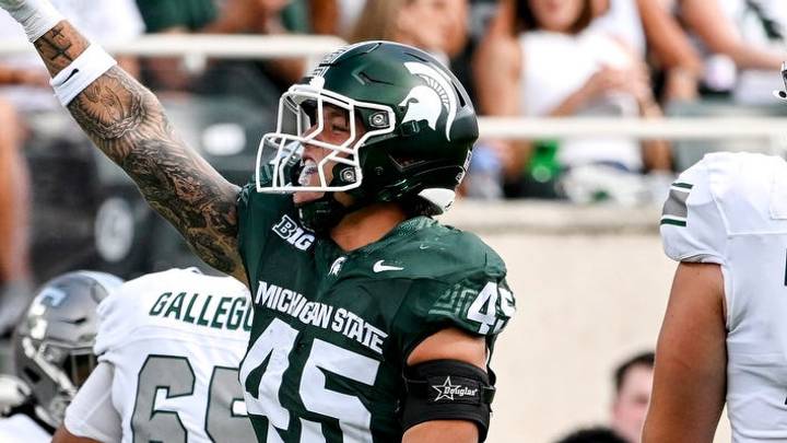Michigan State’s Brady Pretzlaff celebrates a stop against Eastern Michigan during the first quarter on Saturday, Sept. 12, 2026, at Spartan Stadium in East Lansing. Michigan State’s Brady Pretzlaff celebrates a stop against Eastern Michigan during the first quarter on Saturday, Sept. 12, 2026, at Spartan Stadium in East Lansing.