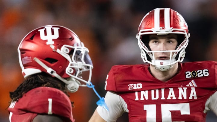 Former Indiana Hoosiers quarterback Fernando Mendoza (15) with running back Roman Hemby (1) against the Miami Hurricanes in the College Football Playoff National Championship game.