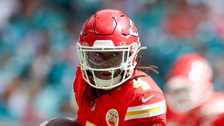 Sep 27, 2026; Miami Gardens, Florida, USA; Kansas City Chiefs wide receiver Rashee Rice (4) runs with the ball against the Miami Dolphins in the fourth quarter at Hard Rock Stadium. Mandatory Credit: Nathan Ray Seebeck-Imagn Images