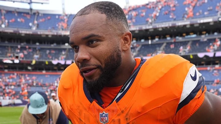 Sep 7, 2025; Denver, Colorado, USA; Denver Broncos running back J.K. Dobbins (27) after the game at Empower Field at Mile High. Mandatory Credit: Ron Chenoy-Imagn Images Sep 7, 2025; Denver, Colorado, USA; Denver Broncos running back J.K. Dobbins (27) after the game at Empower Field at Mile High. Mandatory Credit: Ron Chenoy-Imagn Images