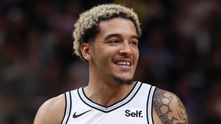 Mar 27, 2024; Salt Lake City, Utah, USA; San Antonio Spurs forward Jeremy Sochan (10) reacts to a play against the Utah Jazz during the first quarter at Delta Center. Mandatory Credit: Rob Gray-Imagn Images