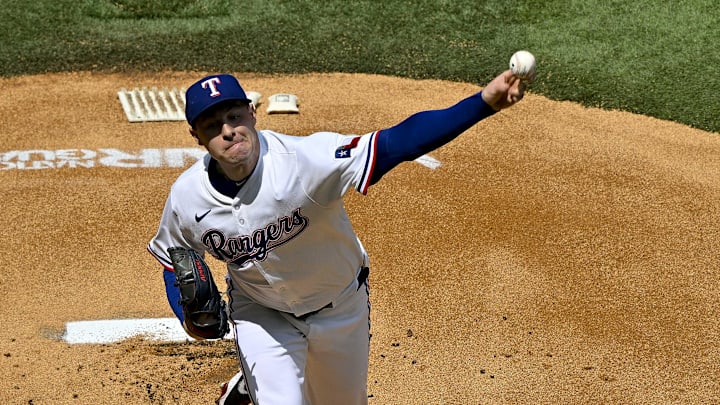 May 31, 2025; Arlington, Texas, USA; Texas Rangers starting pitcher Patrick Corbin (46) pitches against the St. Louis Cardinals during the first inning at Globe Life Field. 