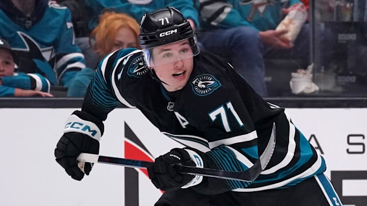 Mar 30, 2026; San Jose, California, USA;  San Jose Sharks center Macklin Celebrini (71) pursues the puck in the second period against the St. Louis Blues at SAP Center at San Jose. Mandatory Credit: David Gonzales-Imagn Images