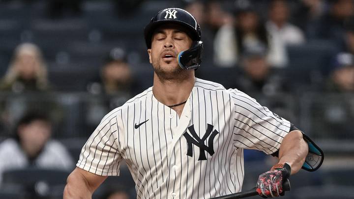 Apr 5, 2026; Bronx, New York, USA; New York Yankees designated hitter Giancarlo Stanton (27) reacts after striking out against the Miami Marlins during the fifth inning at Yankee Stadium. Mandatory Credit: John Jones-Imagn Images Apr 5, 2026; Bronx, New York, USA; New York Yankees designated hitter Giancarlo Stanton (27) reacts after striking out against the Miami Marlins during the fifth inning at Yankee Stadium. Mandatory Credit: John Jones-Imagn Images