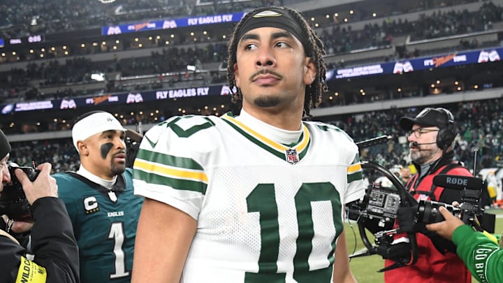 Jan 12, 2025; Philadelphia, Pennsylvania, USA; Green Bay Packers quarterback Jordan Love (10) reacts after the game against the Philadelphia Eagles in an NFC wild card game at Lincoln Financial Field. Mandatory Credit: Eric Hartline-Imagn Images