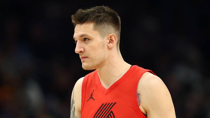 Feb 22, 2026; Phoenix, Arizona, USA; Portland Trail Blazers guard Vit Krejci (27) against the Phoenix Suns at Mortgage Matchup Center. Mandatory Credit: Mark J. Rebilas-Imagn Images