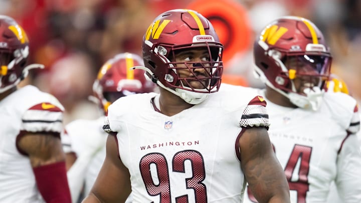 Sep 29, 2024; Glendale, Arizona, USA; Washington Commanders defensive tackle Jonathan Allen (93) against the Arizona Cardinals at State Farm Stadium. Mandatory Credit: Mark J. Rebilas-Imagn Images Sep 29, 2024; Glendale, Arizona, USA; Washington Commanders defensive tackle Jonathan Allen (93) against the Arizona Cardinals at State Farm Stadium. Mandatory Credit: Mark J. Rebilas-Imagn Images