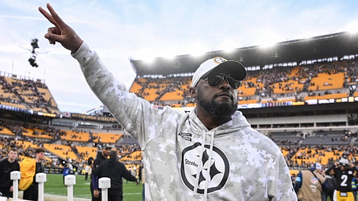 Nov 17, 2024; Pittsburgh, Pennsylvania, USA; Pittsburgh Steelers head coach Mike Tomlin celebrates an 18-16 victory over the Baltimore Ravens at Acrisure Stadium. Mandatory Credit: Barry Reeger-Imagn Images