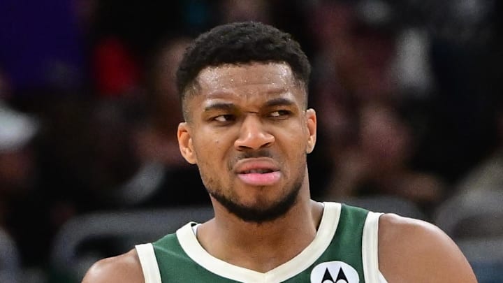 Nov 10, 2024; Milwaukee, Wisconsin, USA;  Milwaukee Bucks forward Giannis Antetokounmpo (34) reacts in the fourth quarter against the Boston Celtics at Fiserv Forum. Mandatory Credit: Benny Sieu-Imagn Images