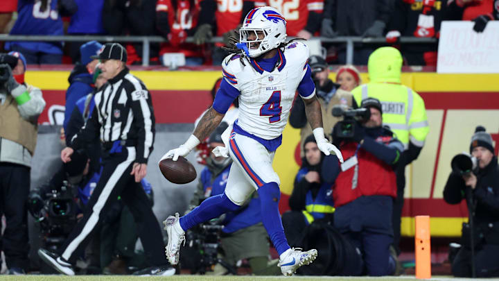 Buffalo Bills RB James Cook reacts after rushing for a touchdown against the Kansas City Chiefs during the first half in the AFC Championship game. Buffalo Bills RB James Cook reacts after rushing for a touchdown against the Kansas City Chiefs during the first half in the AFC Championship game.