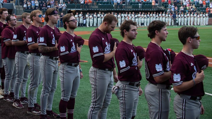 Players line up for the National Anthem as Auburn Tigers baseball takes on Mississippi State Bulldogs at Plainsman Park in Auburn, Ala. Players line up for the National Anthem as Auburn Tigers baseball takes on Mississippi State Bulldogs at Plainsman Park in Auburn, Ala.