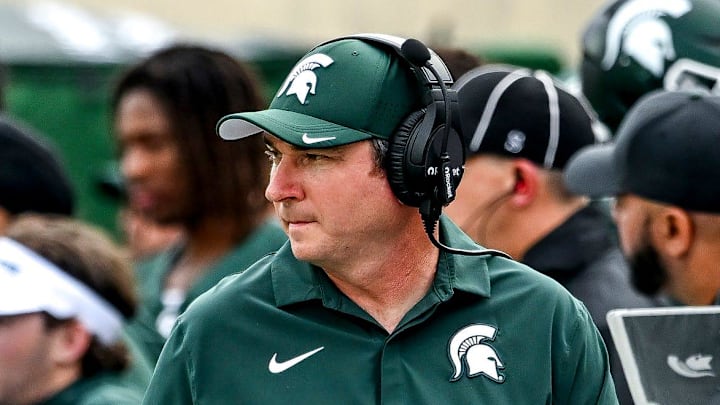 Michigan State's head coach Jonathan Smith looks on from the sideline during the second quarter in the game against Youngstown State on Saturday, Sept. 13, 2025, at Spartan Stadium in East Lansing.