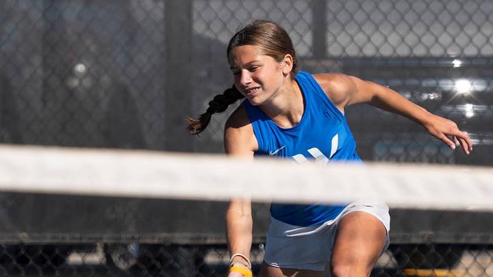 Waukee Northwest's Addison Latta competes against Valley's Sophie Tannenbaum during IGHSAU 2A team tennis finals at Waukee Northwest High School on Tuesday, Oct. 7, 2025, in Waukee. Waukee Northwest's Addison Latta competes against Valley's Sophie Tannenbaum during IGHSAU 2A team tennis finals at Waukee Northwest High School on Tuesday, Oct. 7, 2025, in Waukee.