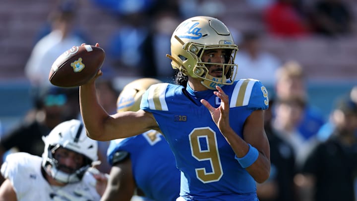 Oct 4, 2025; Pasadena, California, USA; UCLA Bruins quarterback Nico Iamaleava (9) drops back to pass during the fourth quarter against the Penn State Nittany Lions at Rose Bowl. Mandatory Credit: Kiyoshi Mio-Imagn Images Oct 4, 2025; Pasadena, California, USA; UCLA Bruins quarterback Nico Iamaleava (9) drops back to pass during the fourth quarter against the Penn State Nittany Lions at Rose Bowl. Mandatory Credit: Kiyoshi Mio-Imagn Images