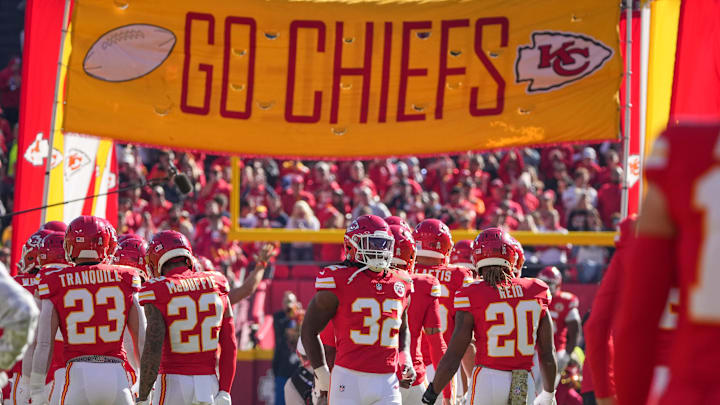 Nov 10, 2024; Kansas City, Missouri, USA; Kansas City Chiefs linebacker Nick Bolton (32) is introduced on field against the Denver Broncos prior to a game at GEHA Field at Arrowhead Stadium. Mandatory Credit: Denny Medley-Imagn Images