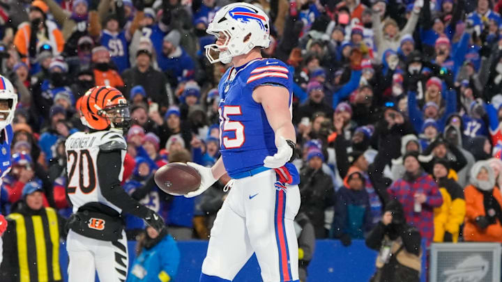 Buffalo Bills tight end Jackson Hawes celebrates scoring a touchdown in the fourth quarter against the Cincinnati Bengals. Buffalo Bills tight end Jackson Hawes celebrates scoring a touchdown in the fourth quarter against the Cincinnati Bengals.