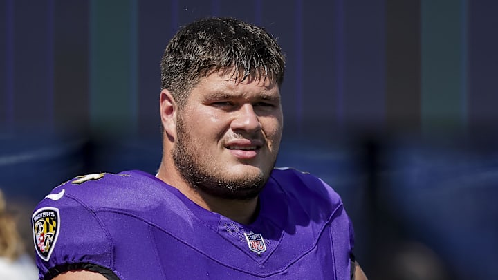 Sep 14, 2025; Baltimore, Maryland, USA; Baltimore Ravens center Tyler Linderbaum (64) before the game against the Cleveland Browns at M&T Bank Stadium. Mandatory Credit: Mitch Stringer-Imagn Images
