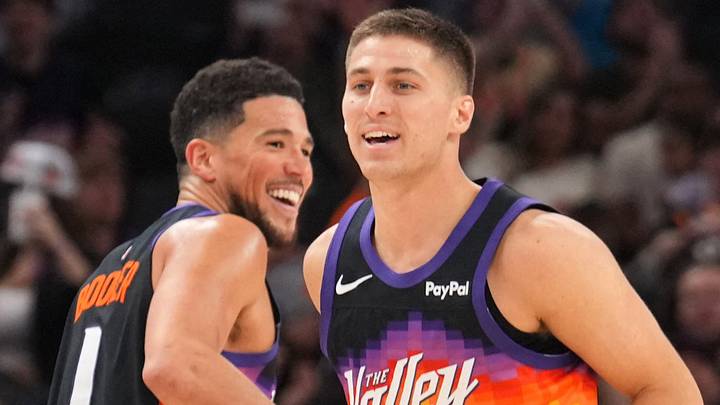 Mar 8, 2026; Phoenix, Arizona, USA; Phoenix Suns guard Devin Booker (1) and Phoenix Suns guard Collin Gillespie (12) react against the Charlotte Hornets during the second half at Mortgage Matchup Center. Mandatory Credit: Joe Camporeale-Imagn Images Mar 8, 2026; Phoenix, Arizona, USA; Phoenix Suns guard Devin Booker (1) and Phoenix Suns guard Collin Gillespie (12) react against the Charlotte Hornets during the second half at Mortgage Matchup Center. Mandatory Credit: Joe Camporeale-Imagn Images