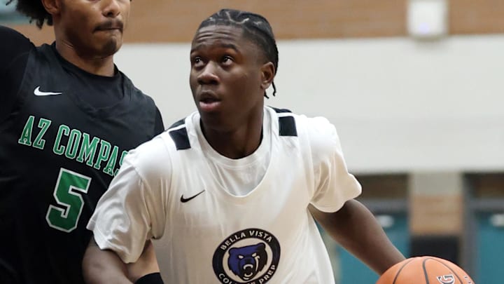 Jan 3, 2025; Gilbert, AZ, USA; Arizona Compass Prep guard Kalek House (5) against CIA Bella Vista (AZ) guard Miles Sadler (1) during the Hoophall West High School Invitational at Highland High School. Mandatory Credit: Mark J. Rebilas-Imagn Images Jan 3, 2025; Gilbert, AZ, USA; Arizona Compass Prep guard Kalek House (5) against CIA Bella Vista (AZ) guard Miles Sadler (1) during the Hoophall West High School Invitational at Highland High School. Mandatory Credit: Mark J. Rebilas-Imagn Images